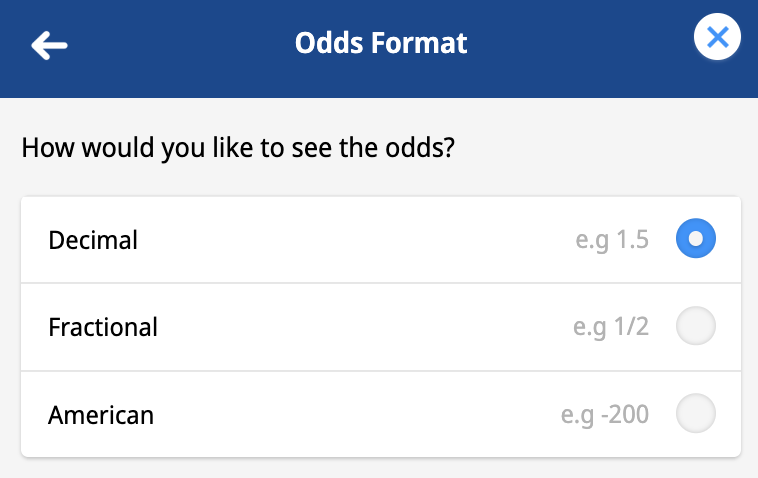 Odds settings on bookie site, showing decimal, fractional and american options